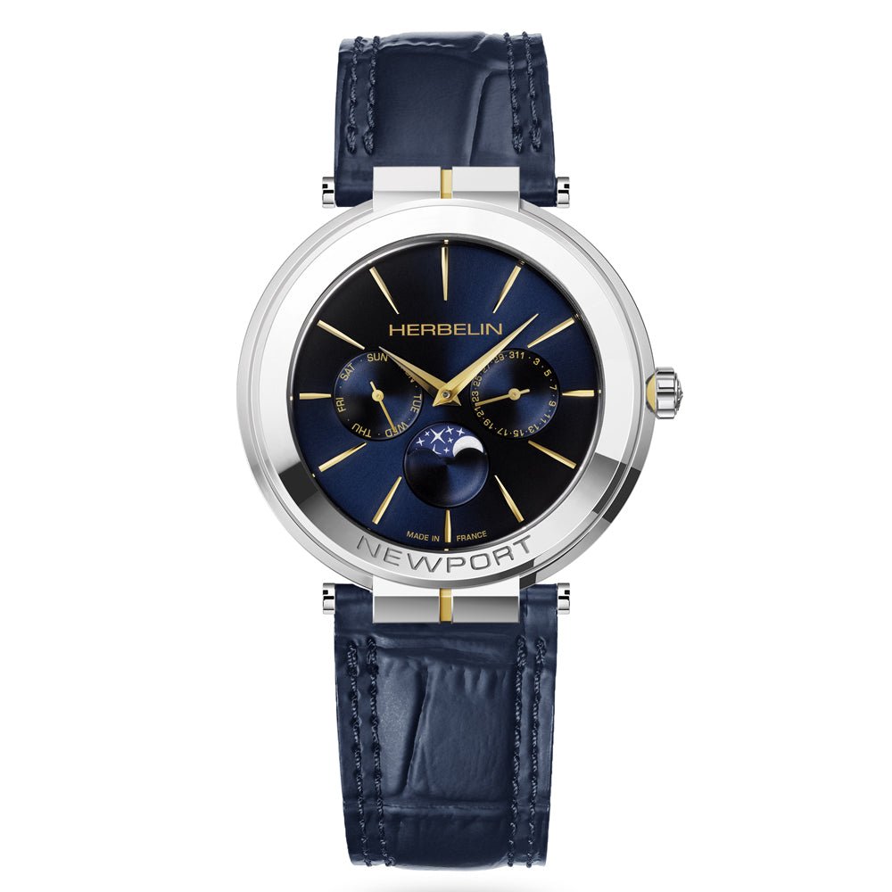 HERBELIN Newport Slim Moon Phase Two - tone and Leather 42mm Men's Watch | 12722/T15BL | TIME Watches