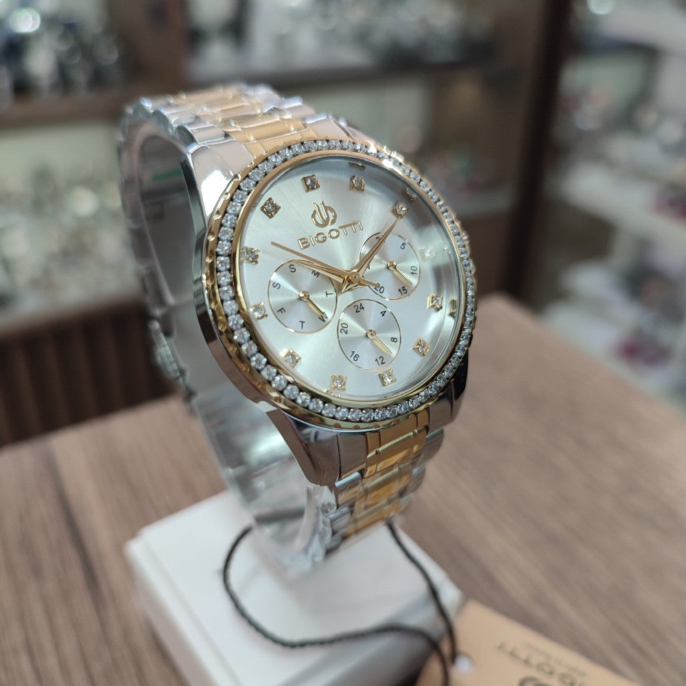 Bigotti Stainless Steel Rose Gold End Silver Multi Dial Rose Gold Stones On Dial Bezel | BG.1.10453-4