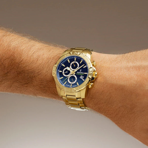 Festina Timeless Chronograph Blue Dial Gold PVD Stainless Steel Men's Watch | F20705/5