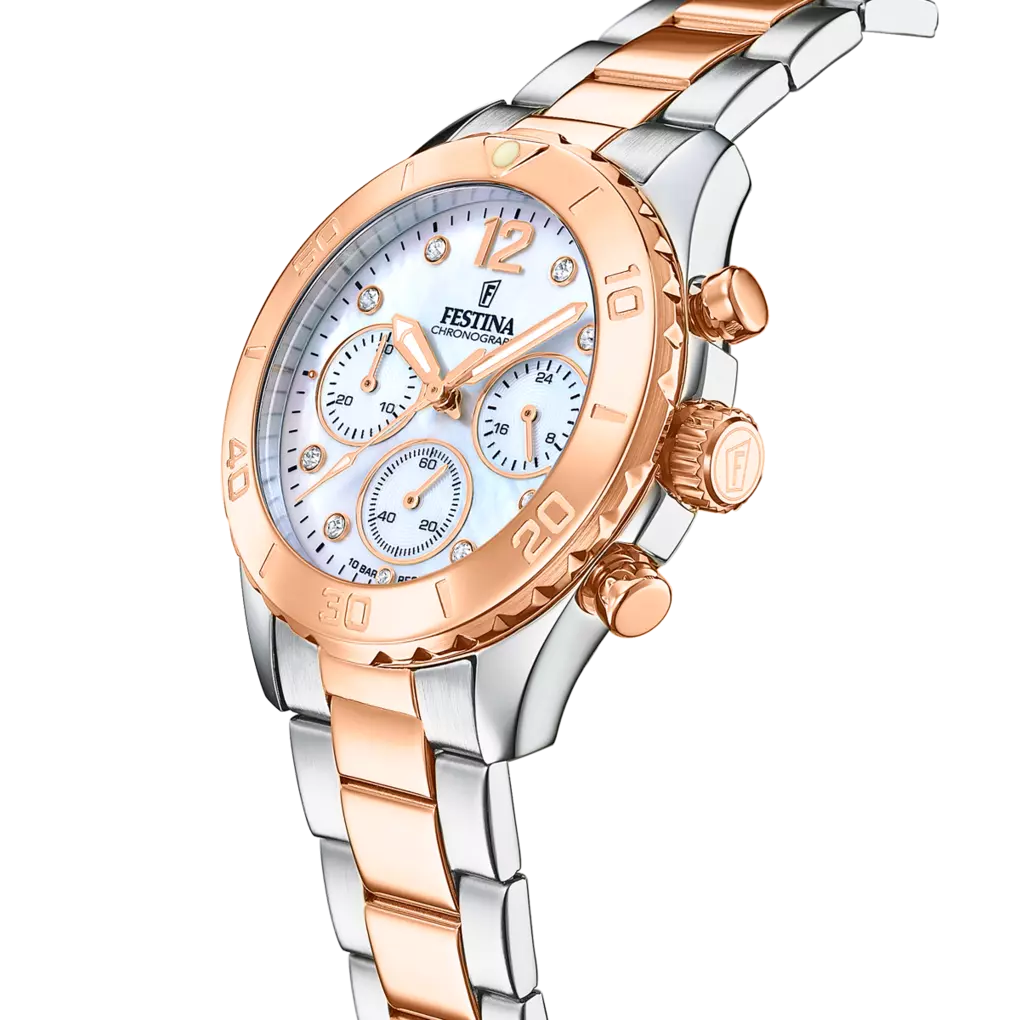 Festina Boyfriend Quartz Chronograph Mother Of Pearl Rose Gold PVD Women's Watch | F20605/1