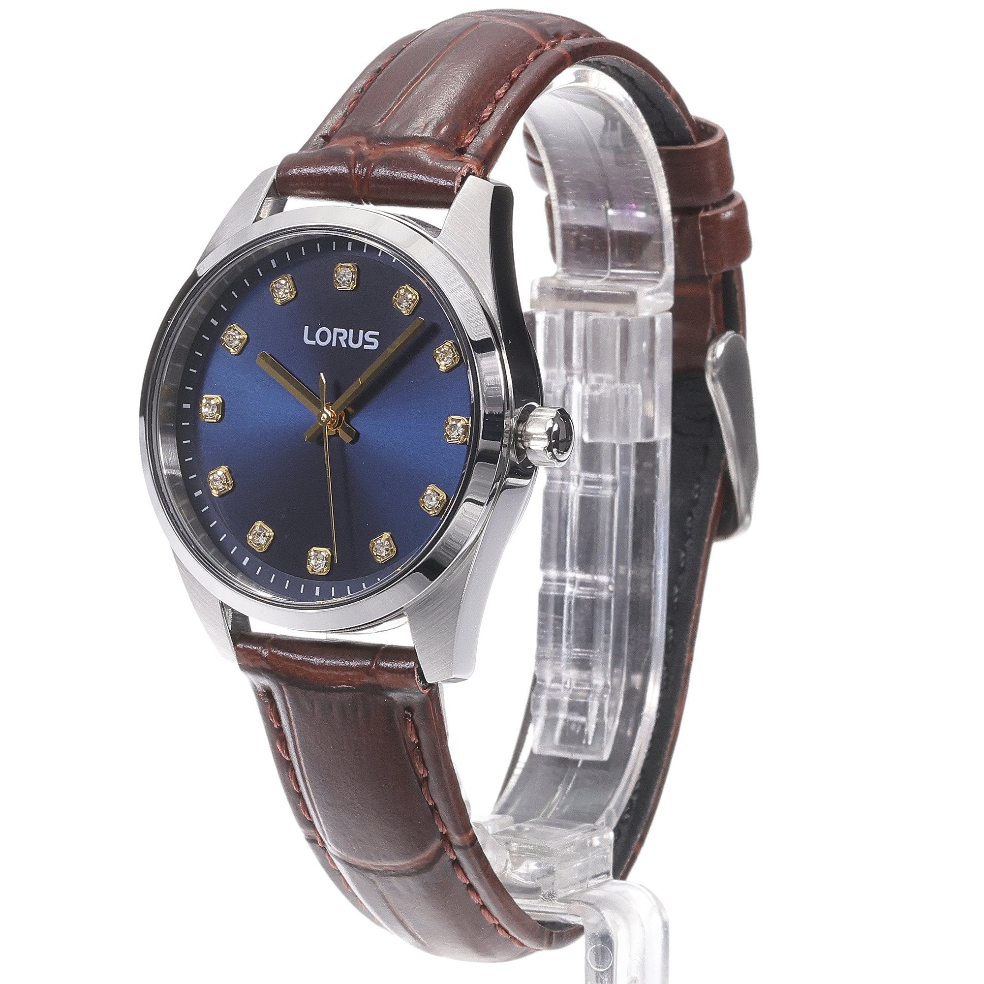 Lorus Blue Dial Stones Gold Hands Brown Leather Women's Watch | RG329XX9