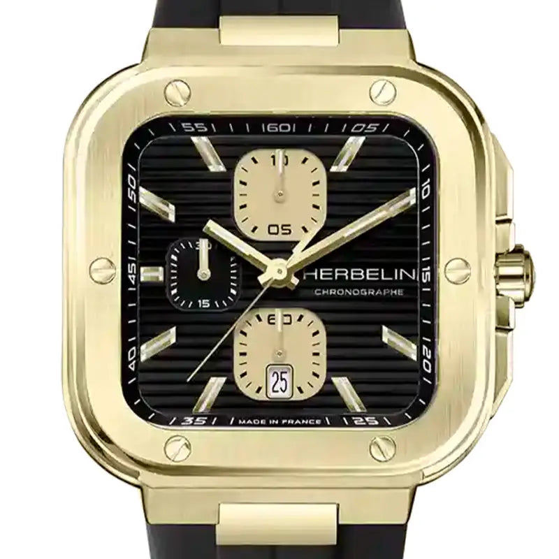 Herbelin Cap Camarat Black Textured Dial Gold Indices FKM Rubber Men’s Watch | 35646P1N14CA
