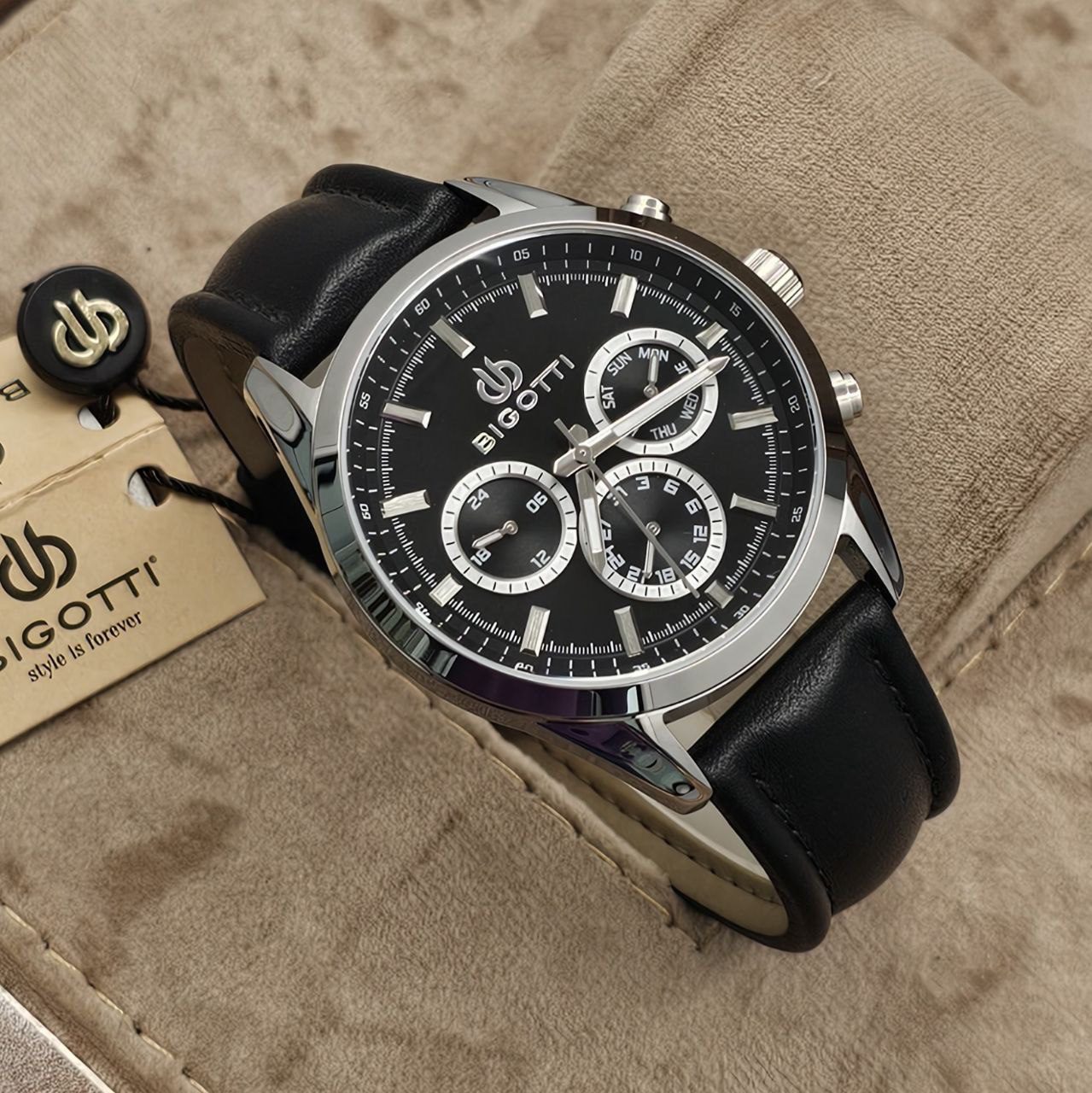 Bigotti Stainless Steel Black Multi-Dial Batons Black Leather Strap Men's Watch | BG.1.10390-1