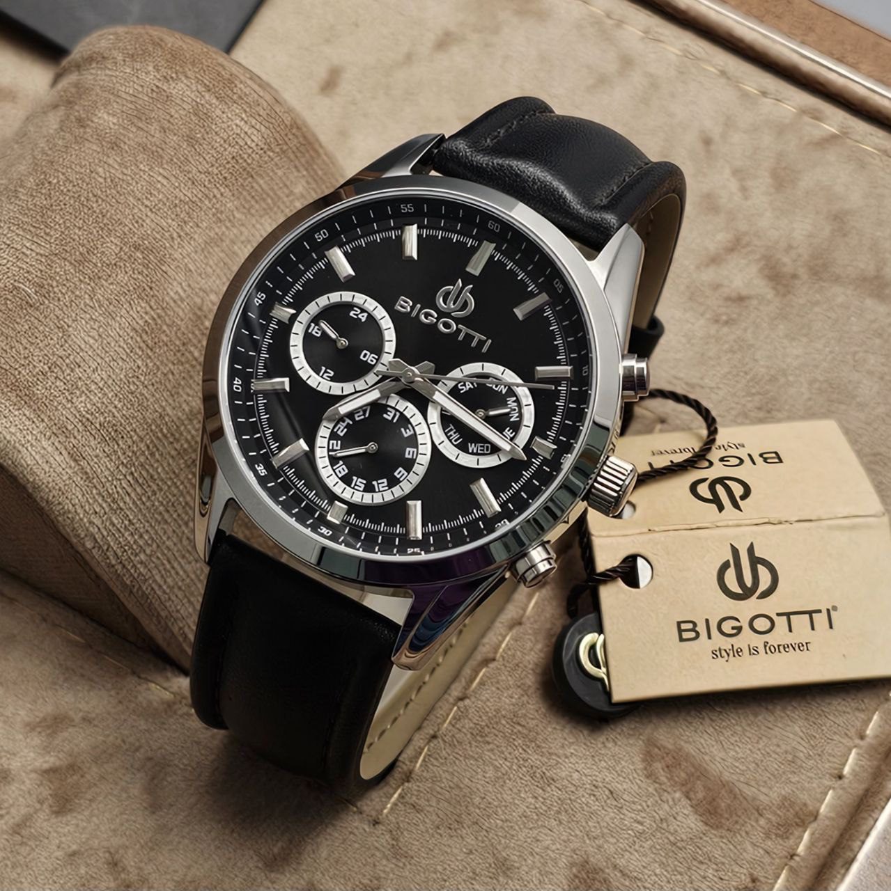 Bigotti Stainless Steel Black Multi-Dial Batons Black Leather Strap Men's Watch | BG.1.10390-1