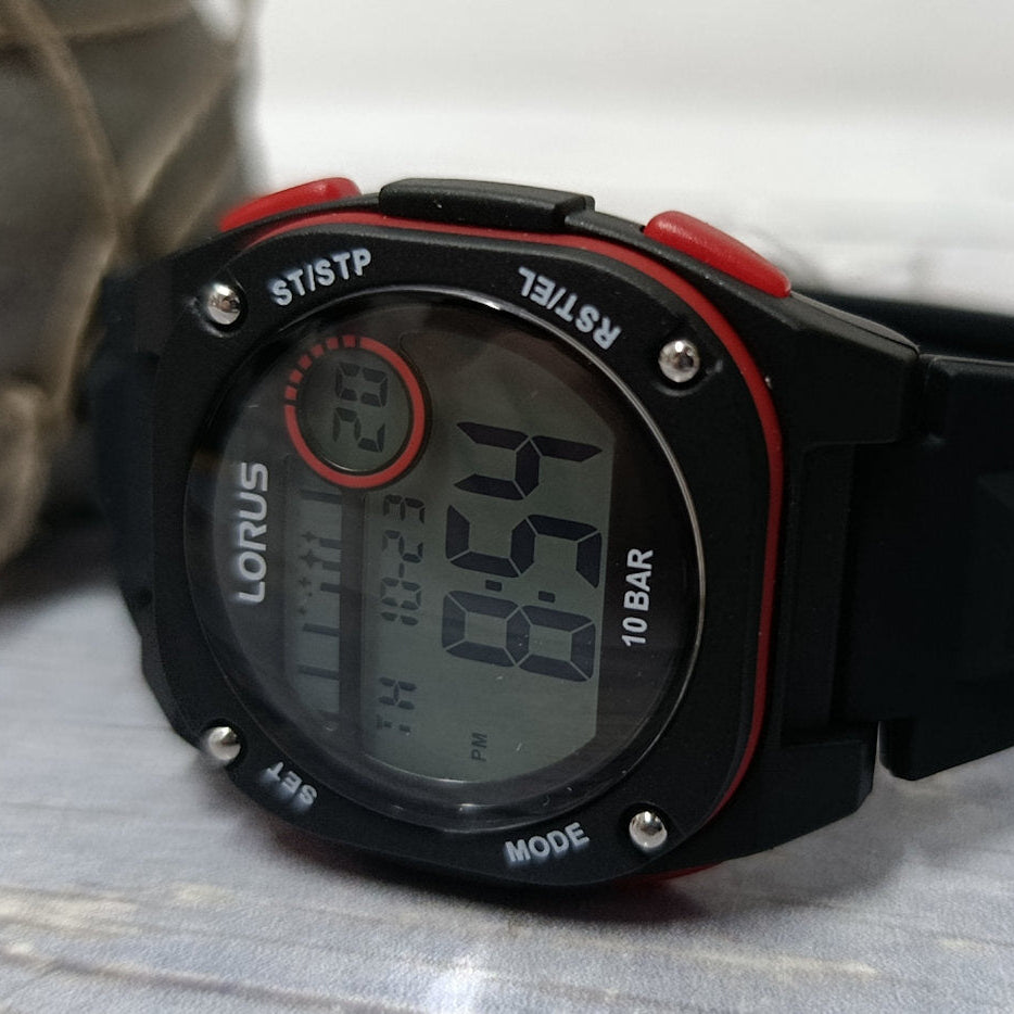 Lorus Black and Red Digital Dial Black Strap Unisex Watch | R2327QX9