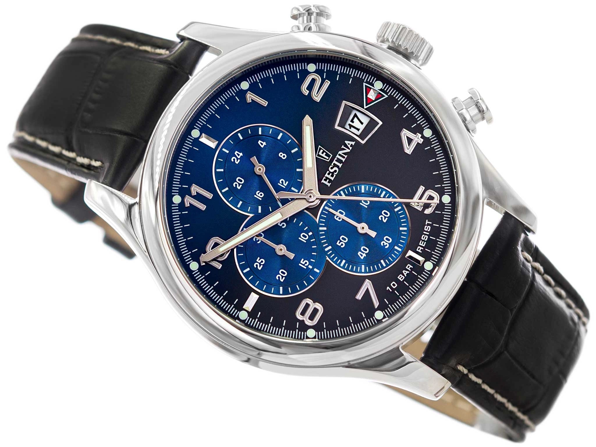 Festina Chronograph Blue Dial Black Leather Strap Men's Watch | F20375/7