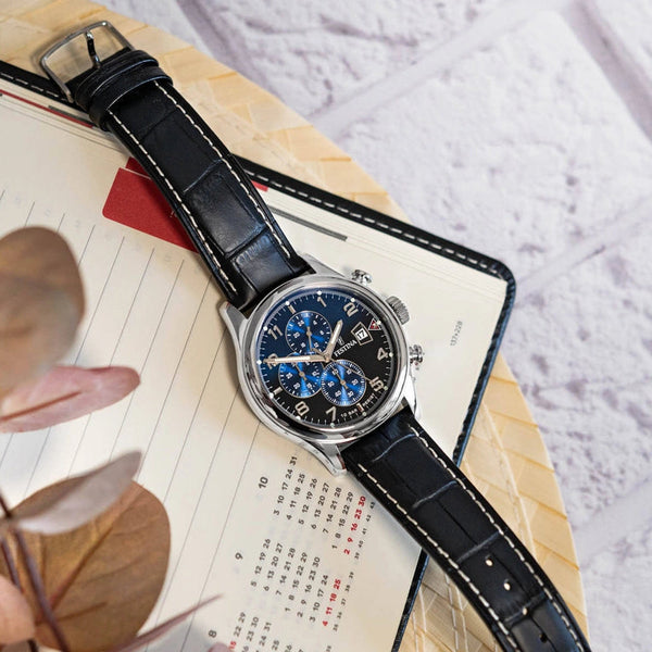 Buy Festina Chronograph Blue Dial Black Leather Strap Men's Watch
