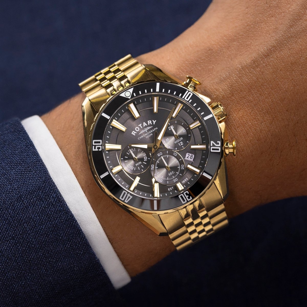 Rotary Apex100 Black Dial and Gold Steel Bracelet 42mm Men's Watch | RGB10014/04 | TIME Watches
