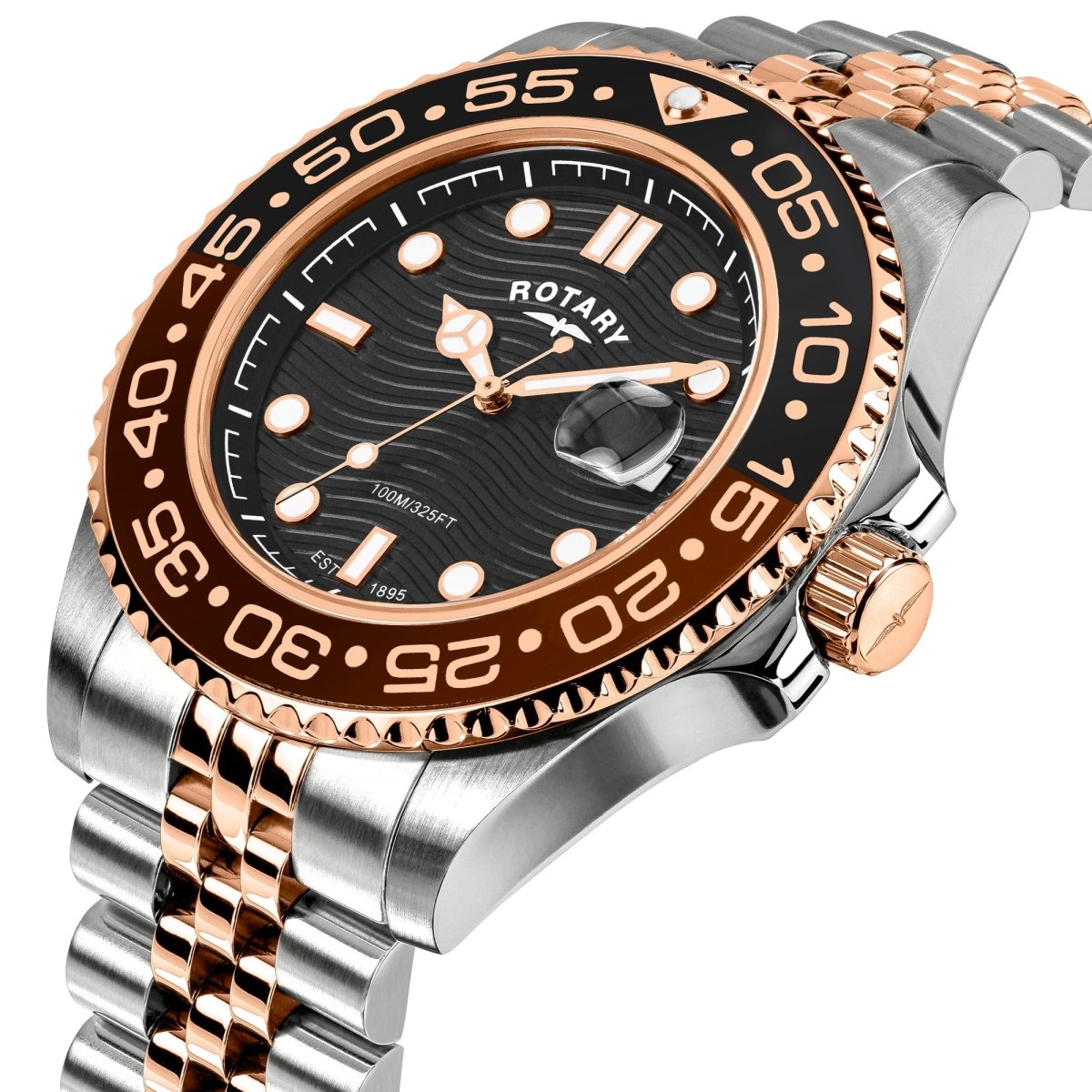 Rotary Apex100 Black Dial and Rose Gold Steel Bracelet 45mm Men's Watch | RGB10016/04 | TIME Watches