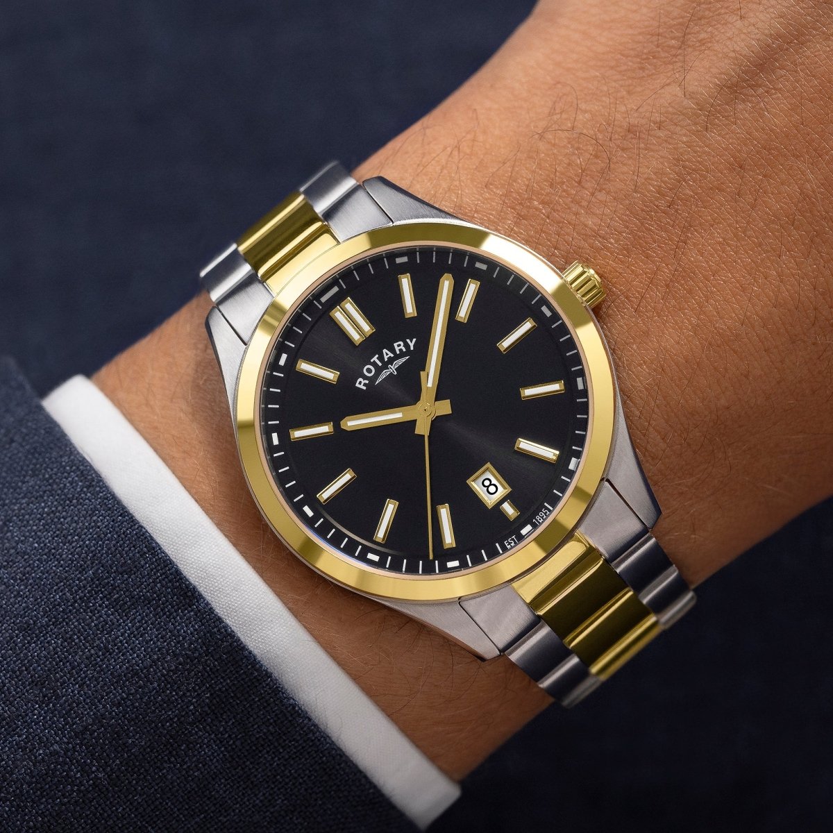 Rotary Heritage Gents Black Dial and Gold Steel Bracelet 40mm Men's Watch | GB05521/04 | TIME Watches