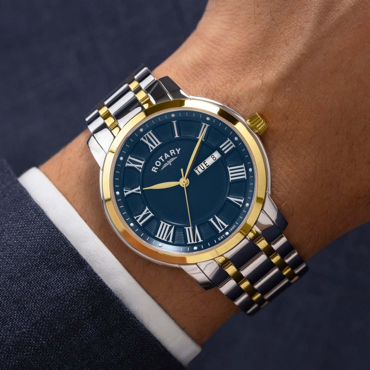 Rotary Heritage Gents Blue Dial and Gold Steel Bracelet 40mm Men's Watch | RGB10021/05 | TIME Watches