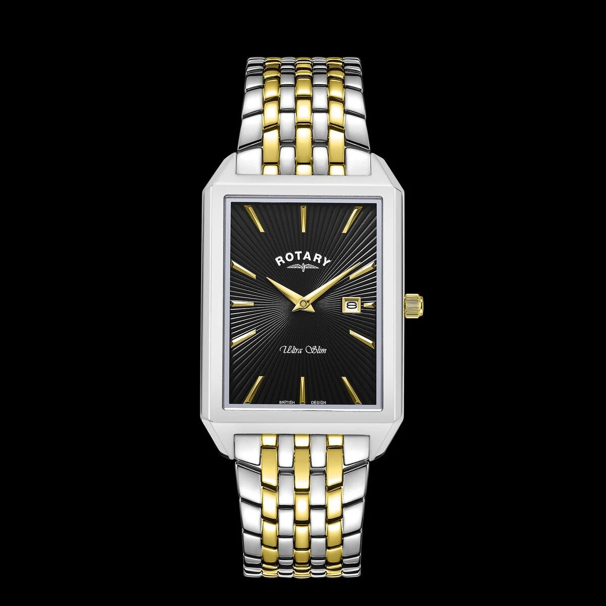 Rotary Ultra Slim Black Dial Two Tone Stainless Steel Men's Watch | GB08021/04
