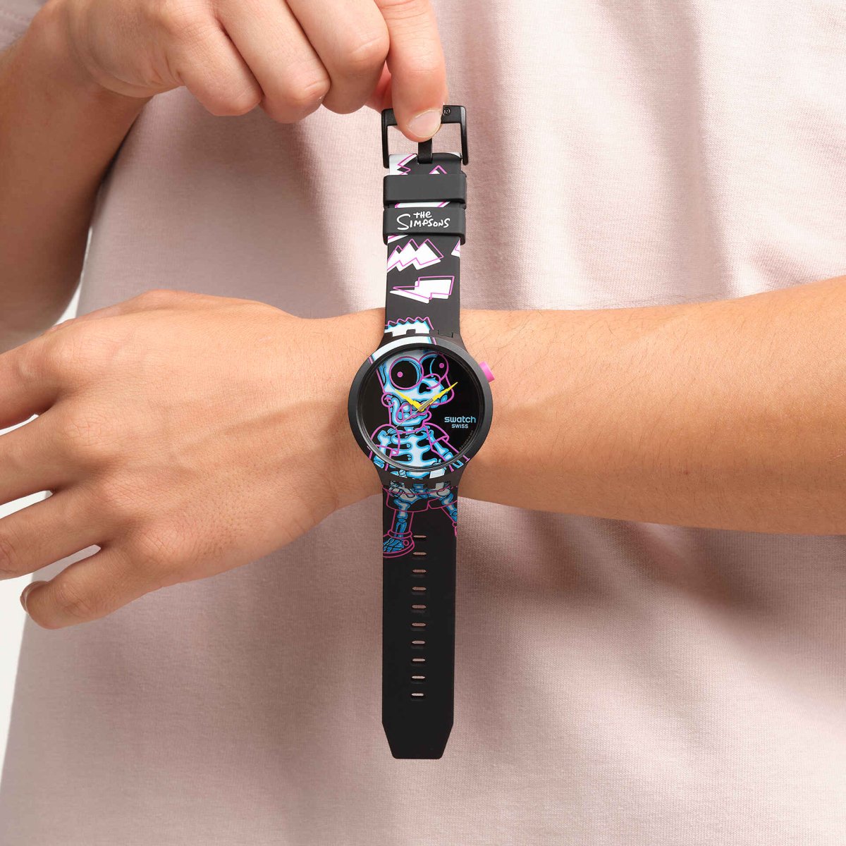 Swatch Aye Carumboo Black Multi Colour Dial Yellow Hands Black Strap Unisex Watch | SB01Z105 | TIME Watches