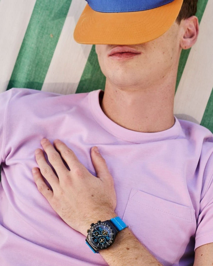 Swatch Moments in Blue Black & Blue Rubber 43mm Men's Watch | YVB100 | TIME Watches