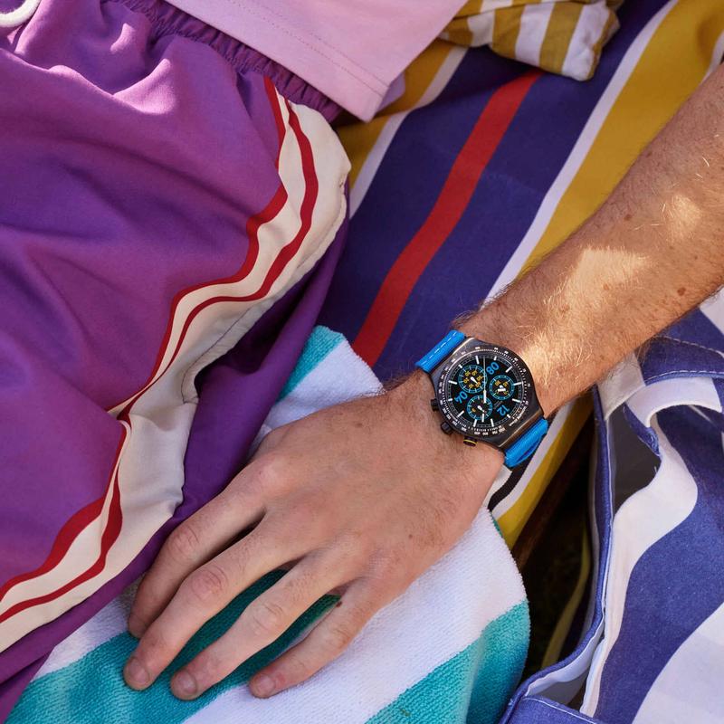 Swatch Moments in Blue Black & Blue Rubber 43mm Men's Watch | YVB100 | TIME Watches