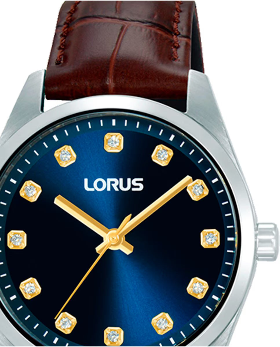 Lorus Blue Dial Stones Gold Hands Brown Leather Women's Watch | RG329XX9