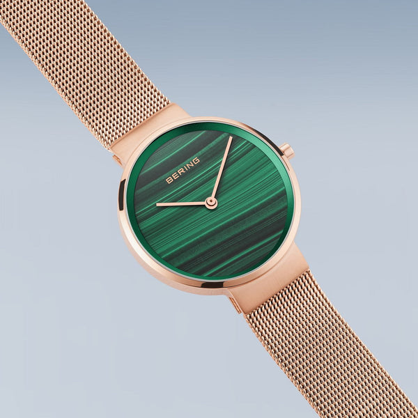 Bering Classic Green Dial Rose Gold Stainless Steel Strap Women's Watch | 14531-368