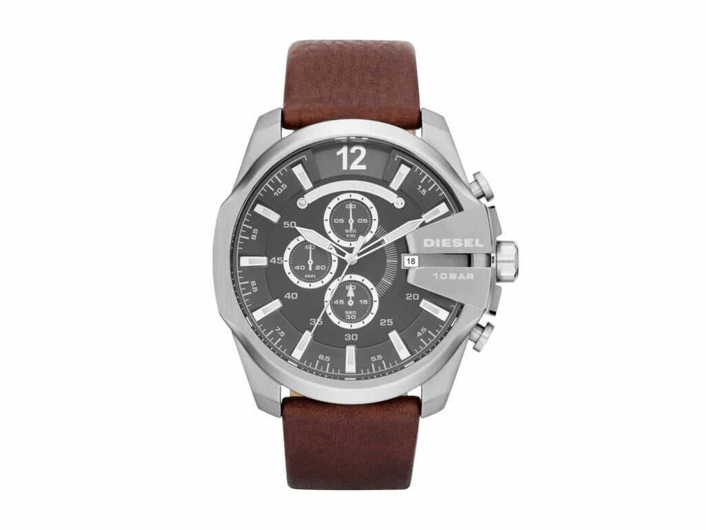 Diesel Mega Chief Silver Round Leather Men's Watch | DZ4290 | Time Watch Specialists
