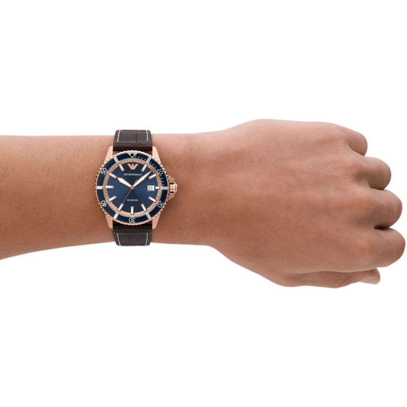 Emporio Armani Blue Dial Brown Leather Men's Watch | AR11556 | Time Watch Specialists