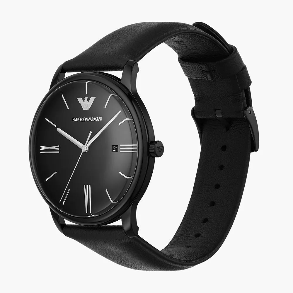 Emporio Armani Three-Hand Date Black Leather Men's Watch | AR11573 | Time Watch Specialists