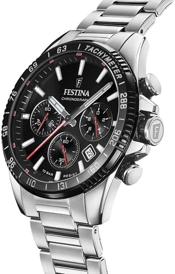 Festina Timeless Chronograph Black Dial Red Details Stainless Steel Men's Watch | F20560/6