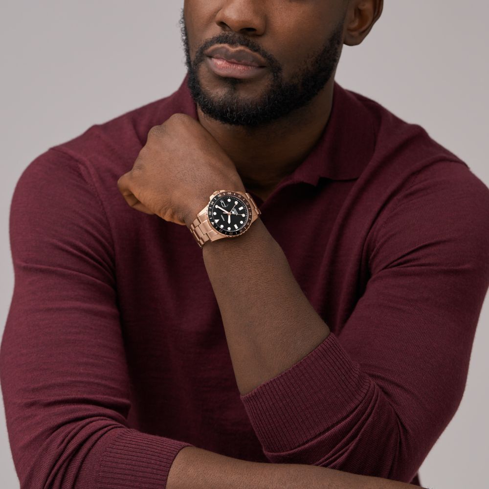 Fossil Blue GMT, Rose Gold-Tone Stainless Steel Men's Watch | FS6027 | Time Watch Specialists