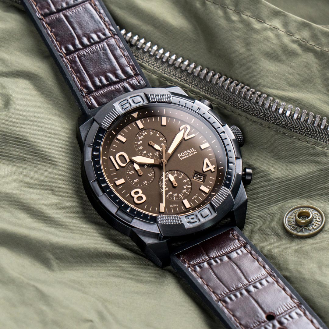Fossil Bronson Chronograph Brown Croco Leather Men's Watch - FS5713 | Time Watch Specialists