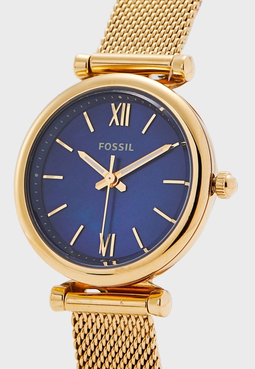 Fossil Carlie Mini Three-Hand Gold-Tone Stainless Steel Mesh Watch - ES5020 | Time Watch Specialists
