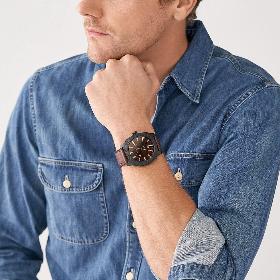 Fossil Machine Three-hand Date Dark Brown LiteHide™ Men's Leather Watch | FS5972 | Time Watch Specialists