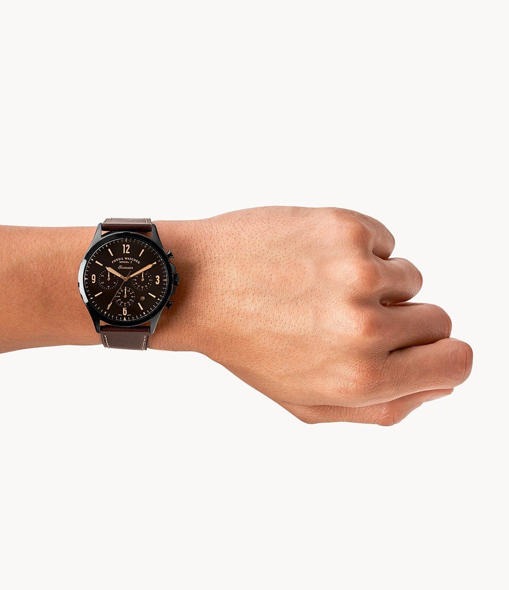 Fossil Men's Forrester Chrono Black Round Leather Watch - FS5608 | Time Watch Specialists