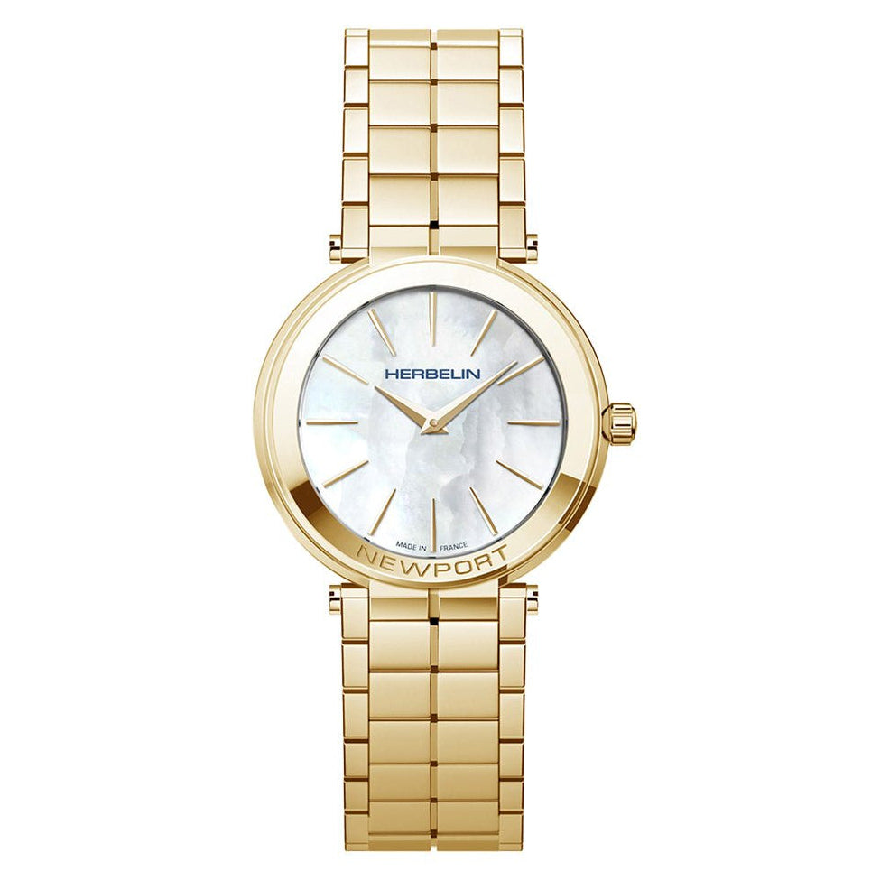 HERBELIN Newport Slim Yellow Gold and Mother of Pearl 32mm Women's Watch | 16922/BP19 | TIME Watches