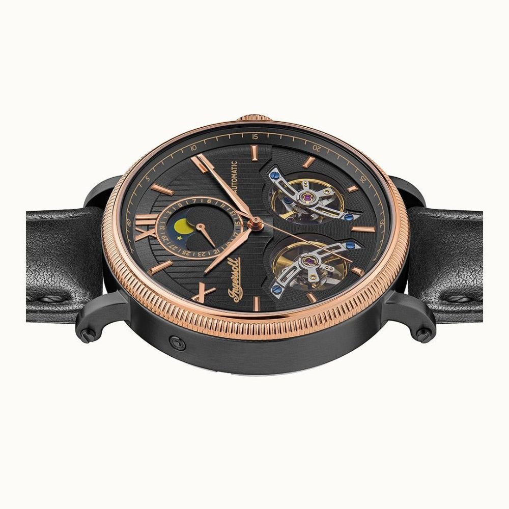 Ingersoll The Hollywood Automatic Rose Gold Black Leather Strap Men's Watch - I09601 | Time Watch Specialists
