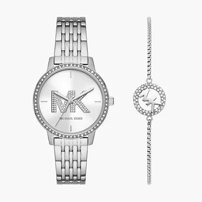 Michael Kors Three-Hand Stainless Steel Woman's Watch and Bracelet Set | MK1055SET | Time Watch Specialists