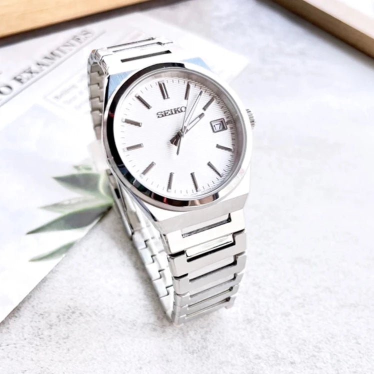 Seiko White Dial Silver Stainless Steel Strap Men's Watch | SUR553P1 | Time Watch Specialists