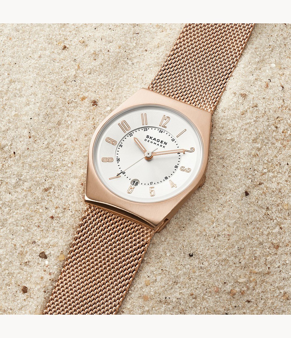 Skagen Grenen Lille Three - Hand Date Rose Gold Stainless Steel Mesh Women's Watch - SKW3035 | TIME Watches