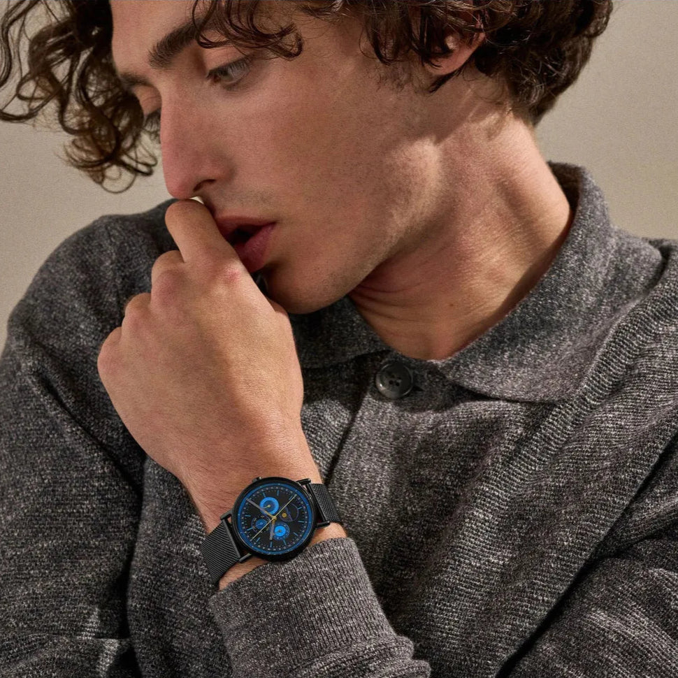 Skagen Signatur Sun & Moon Multifunction Black & Blue Dial / Black PVD Stainless Steel Mesh Bracelet Men's Watch | SKW6944