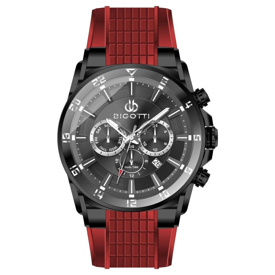 Bigotti Black Multifunction Dial and Red Rubber Strap Men's Watch | BG.1.10648-6