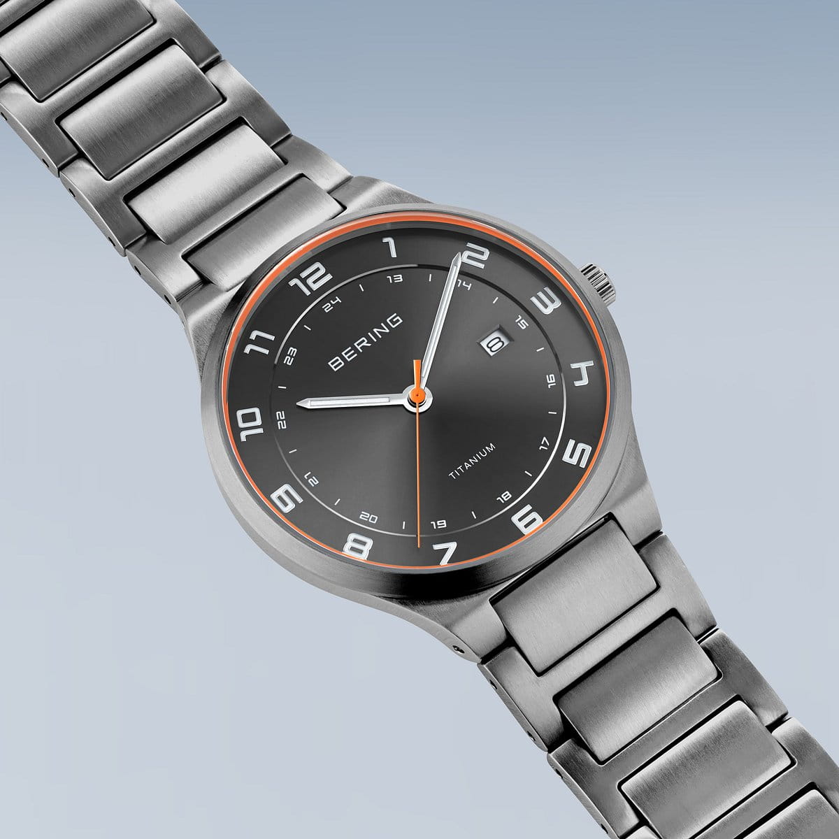 Bering Titanium Black Dial Calendar Orange Second Hand Titanium Men's Watch | 15139-709