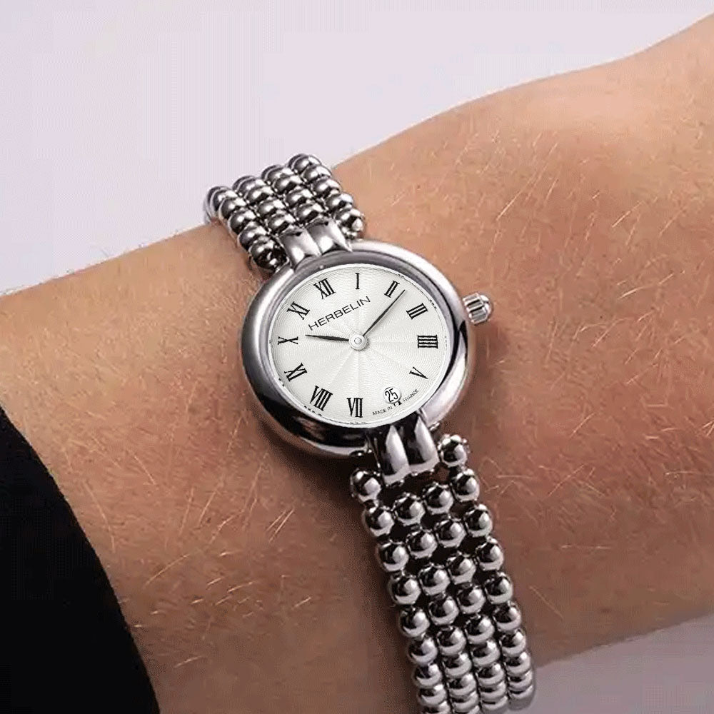 Herbelin Perles Silver Ivory Dial Beaded Bracelet Women's Watch | 16873B08
