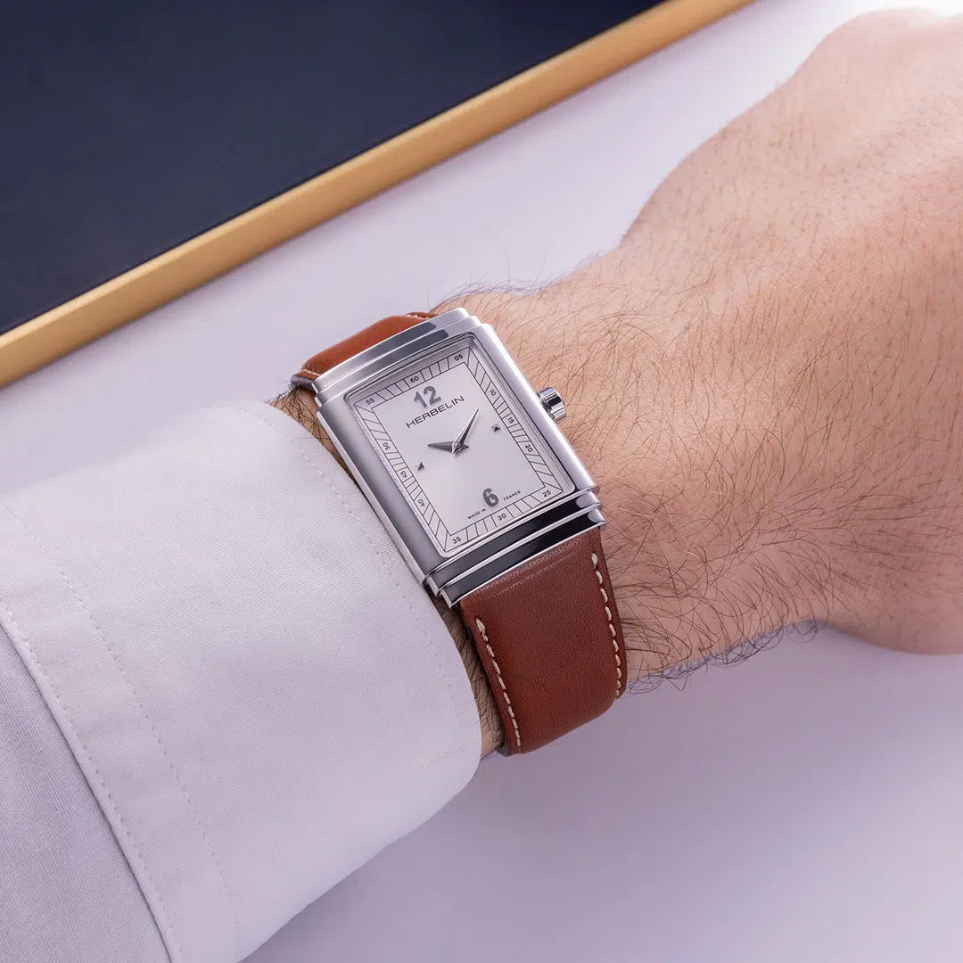 Herbelin Art Deco Silver & White Sunray Dial Tan Leather Strap Unisex Watch | 17567AP22GD