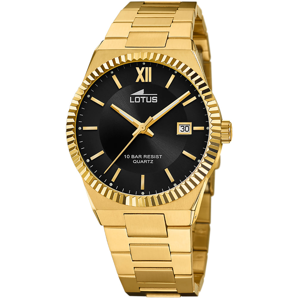 Lotus Freedom Black Dial Calendar Stainless Steel Gold Men’s Watch | 18837/3