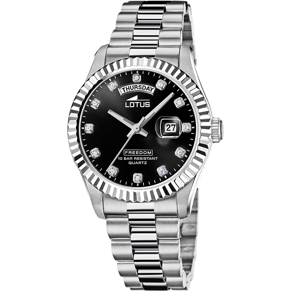 Lotus Freedom GTS 41mm Black Dial Stones Calendar Stainless Steel Men's Watch | 18854/7