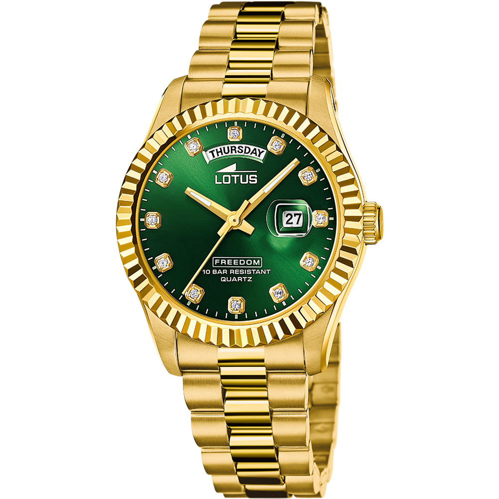 Lotus Freedom Green Dial Calendar Stainless Steel Bracelet Unisex Watch | 18857/6