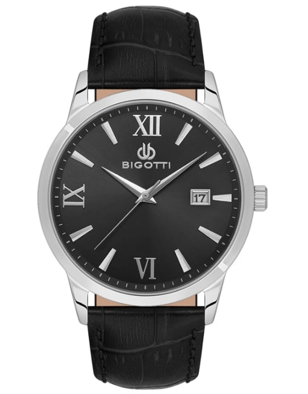 Bigotti Stainless Steel Black Dial Calendar Watch Black Leather Strap | BG.1.10590-2
