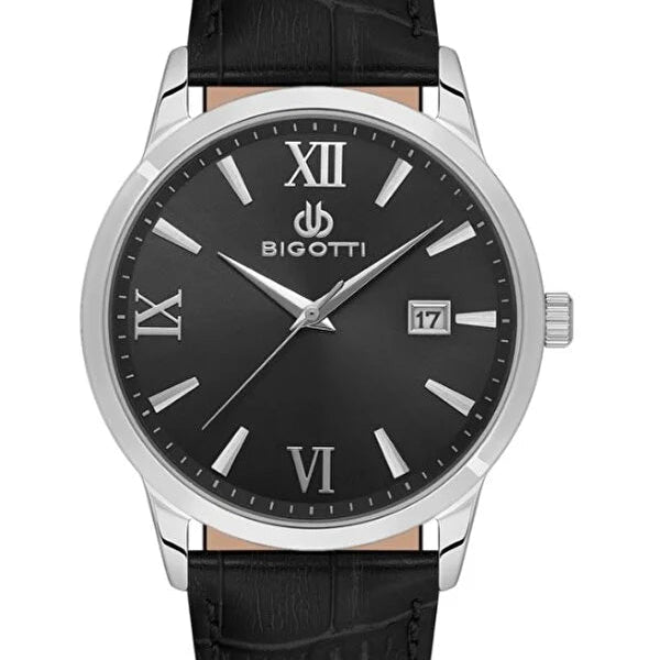 Bigotti Stainless Steel Black Dial Calendar Watch Black Leather Strap | BG.1.10590-2