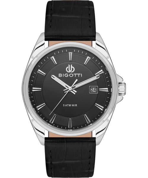 Bigotti Stainless Steel Black Dial Calendar Batons Black Leather Strap Men's Watch | BG.1.10486-1