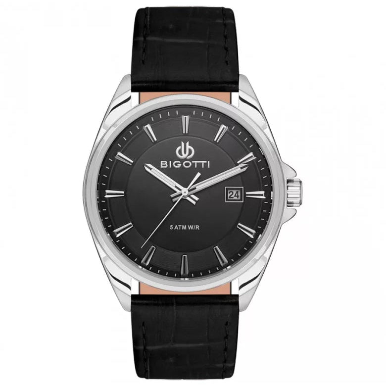 Bigotti Stainless Steel Black Dial Calendar Batons Black Leather Strap Men's Watch | BG.1.10486-1