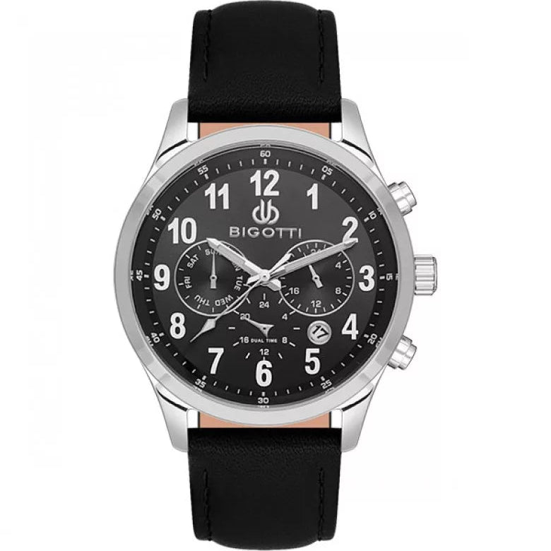 Bigotti Stainless Steel Black Multi-Dial Calendar Black Leather Strap | BG.1.10507-1