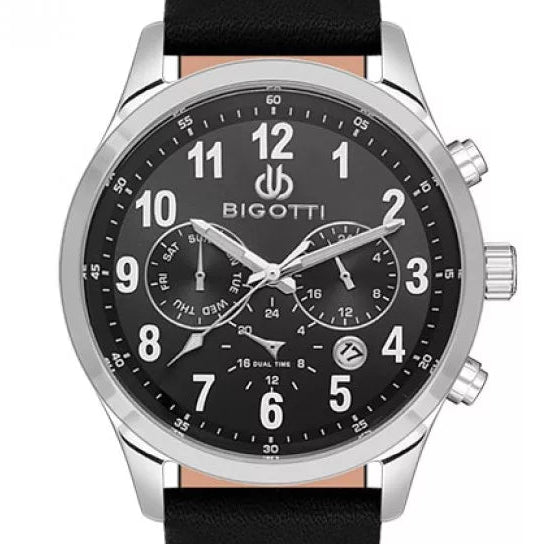 Bigotti Stainless Steel Black Multi-Dial Calendar Black Leather Strap | BG.1.10507-1