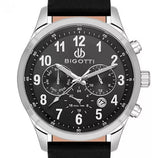 Bigotti Stainless Steel Black Multi-Dial Calendar Black Leather Strap | BG.1.10507-1